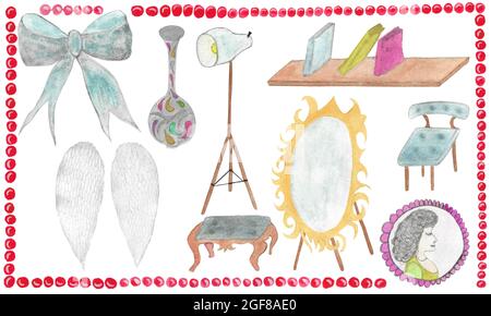 Gemütliches Zuhause. Set von Heimartikeln handbemalt in Aquarell. Elemente des Innenraums, isoliert auf Weiß Stockfoto