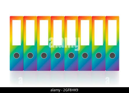 Ringordner in Regenbogenfarben mit Farbverlauf, acht bunte, unbeschriftete Blatt-Ordner-Kartenset - Illustration auf weißem Hintergrund. Stockfoto