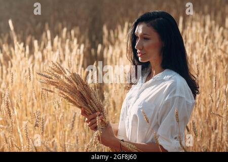 Junge Frau mit randbeleuchtetem Porträt, das Weizenohren auf dem landwirtschaftlichen Feld hält. Stockfoto