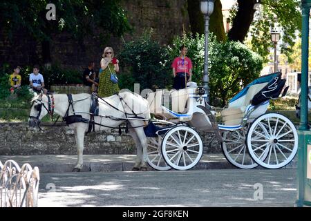Ioannina, Griechenland - 27. Juni 2021: Nicht identifizierte Personen und traditioneller Kutsche für Besichtigungen in der Hauptstadt von Epirus Stockfoto
