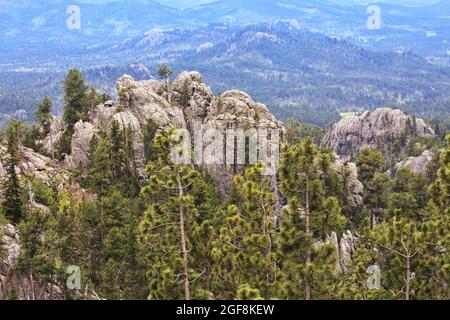 Der Needles Highway, eine National Scenic Byway in South Dakota, bietet einen spektakulären Blick auf schlanke Granitfelsen. Stockfoto