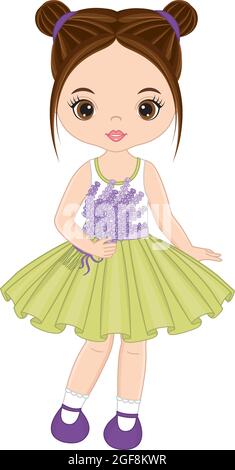 Schöne süße Mädchen Holding Bouquet von Lavendel. Vektor Brünette Mädchen mit Lavendel Stock Vektor