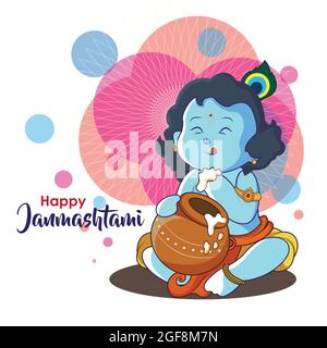 Illustration von Krishna Janmashtami. Der kleine Krishna frisst Quark aus dem Topf. Farbenfroher und attraktiver Hintergrund Stock Vektor