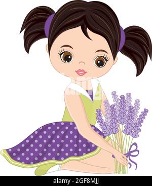 Schöne süße Mädchen Holding Bouquet von Lavendel. Vektor Brünette Mädchen mit Lavendel Stock Vektor