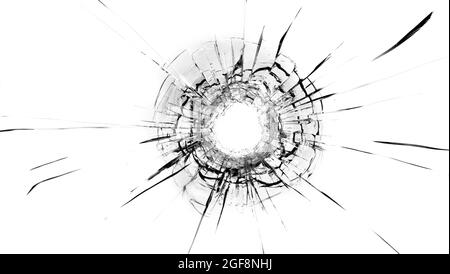 Risse im Glas, ein Loch aus den Kugeln im Glas auf weißem Hintergrund. Glasstruktur des Fensters. Stockfoto