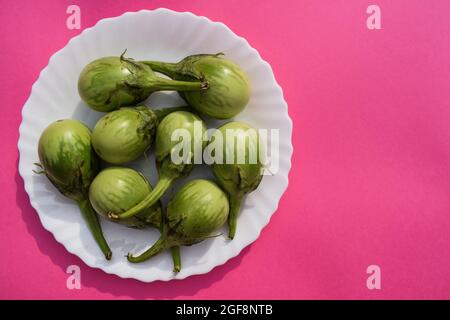 Frische runde hellgrüne, kleine Brinjals oder Auberginen auf weißem Teller und rosafarbenem Hintergrund. Farm frisch geerntetes indisches Gemüse g Stockfoto