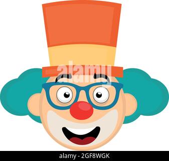 Vektor-Illustration von Emoticon des Gesichts eines Cartoon-Clowns mit Hut und blauer Brille Stock Vektor