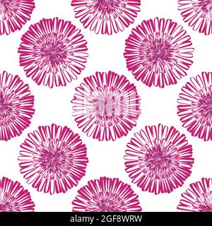 Moderne abstrakte Gerbera Gänseblümchen Blume nahtlose Muster Hintergrund. Geometrische Wiederholung mit magentafarbenen Blüten auf weißem Hintergrund. Botanischer Lino-Druck Stock Vektor