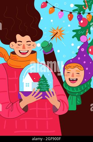 Glückliche Mutter und Tochter oder Sohn feiert Neujahr und Frohe Weihnachten. Lachende Eltern halten Schneekugel mit Haus und Fichte und in fröhlicher Kinderhand funkeln. Winter Familienurlaub Zeichenposter Stock Vektor