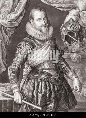 Christian IV., 1577 – 1648. König von Dänemark und Norwegen und Herzog von Holstein und Schleswig. Nach einem Stich von Jan Harmensz Muller nach einem Gemälde von Pieter Isaacsz. Stockfoto