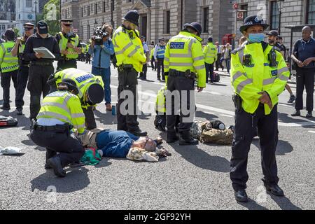 Extinction Rebellion protestiert gegen Whitehall aus Protest gegen HMRC und Barclays. Demonstranten mit in Röhren verschlossenen Armen, umgeben von der Polizei. Stockfoto