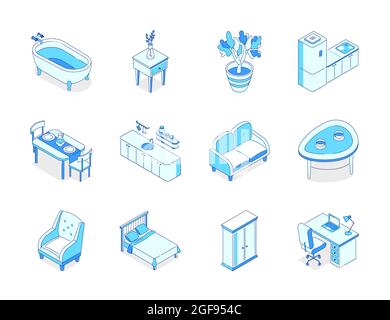 Home Design - Moderne Linie Design Stil Ikonen gesetzt. Welches Bett für zu Hause zu wählen, und welche Küche auf Bestellung eingestellt. Und was ist mit Sofas, Sesseln und sein Stock Vektor