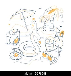 Urlaub auf dem Meer - isometrische schwarze und gelbe Linie Illustration. Saubere, stilvolle Kunst mit dünnem, feinem Design. Ruhen Sie sich in einem warmen Land neben dem Wasser aus. Sandy Stock Vektor