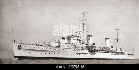 HMS Penelope. Ein leichter Kreuzer der Royal Navy der Arethusa-Klasse. Am 18. Februar 1944 wurde sie von der deutschen U-Boot U-410 in der Nähe von Neapel torpediert und versenkt. Von British Warships, veröffentlicht 1940 Stockfoto