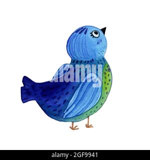 Aquarell handgezeichnete Illustration von blauem Rotkehlchen isoliert auf weißem Hintergrund. Sitzender Vogel im Cartoon-Stil. Design für Abdeckungen, Hintergründe, Stockfoto