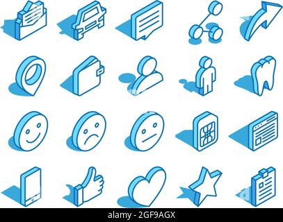 Satz von webisometrischen Symbolen. Daumen hoch, Brieftasche, Benutzer, Zahn, sim-Karte und mehr. Symbol für 3D-Linienstil. Stock Vektor