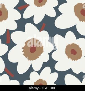 Nahtlose einfache niedliche Muster von großen weißen Blumen auf navy Hintergrund.Endless floralen Ornament mit schönen Blüten.Bunte Kulisse für Stoff Stockfoto