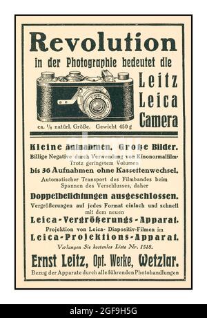 LEICA Vintage Pressewerbung der 1920er Jahre für die Original Leica A (1) revolutionäre 35-mm-Filmkamera von Leitz in Wetzlar Stockfoto