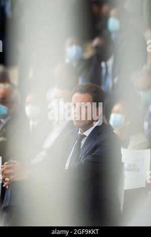 Der französische Arbeitgeberverband Medef, Präsident Geoffroy Roux, eröffnete am 24. August 2021 das jährliche Medef-Sommertreffen La Ref auf der Rennstrecke Longchamp in Paris. Foto von Raphael Lafargue/ABACAPRESS.COM Stockfoto