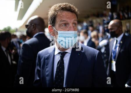 Der französische Arbeitgeberverband Medef, Präsident Geoffroy Roux, eröffnete am 24. August 2021 das jährliche Medef-Sommertreffen La Ref auf der Rennstrecke Longchamp in Paris. Foto von Raphael Lafargue/ABACAPRESS.COM Stockfoto