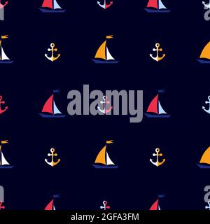 Farbenfrohe Segelboote und Anker auf dunklem, blauem Hintergrund. Nahtloser Hintergrund. Niedliches marineblaues Muster für Stoff, Kleidung, Textil, Geschenkpapier Stock Vektor