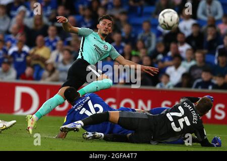 Cardiff, Großbritannien. August 2021. Andi Zeqiri von Brighton & Hove Albion schießt auf das Tor, doch Alex Smithies, der Torhüter der Stadt Cardiff, rettet. Carabao Cup, 2. Runde, Cardiff City gegen Brighton & Hove Albion FC im Cardiff City Stadium in Cardiff, Wales am Dienstag, den 24. August 2021. Dieses Bild darf nur für redaktionelle Zwecke verwendet werden. Nur zur redaktionellen Verwendung, Lizenz für kommerzielle Nutzung erforderlich. Keine Verwendung in Wetten, Spiele oder einem einzigen Club / Liga / Spieler Publikationen. PIC von Andrew Orchard / Andrew Orchard Sport Fotografie / Alamy Live News Kredit: Andrew Orchard Sport Fotografie / Alamy Live News Stockfoto