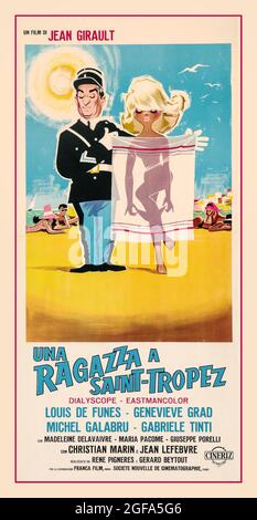Vintage Film ‘Una Ragazza ein Poster von Saint Tropez. Film von Jean Girault. Mit Louis des Funes, Genevieve Grad, Michel Galabru und Gabriele Tinti. Ein Mädchen in Saint-Tropez ( Le Gendarme de Saint-Tropez ) ist ein Film von 1964 Regie Jean Girault . Es war der erste große Erfolg des Schauspielers Louis de Funès, der in der erfolgreichen Serie der Gendarmerie von Saint-Tropez Marschall Ludovic Cruchot der Gendarmerie nationale spielte. Der Film erzielte enorme kommerzielle Erfolge und erreichte 1964 seinen Höhepunkt an der französischen Kinoleinkasse auf Platz 1. Stockfoto