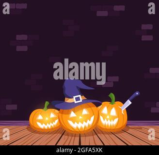 Halloween Poster Vorlage mit Kürbissen auf dem Boden. Stock Vektor