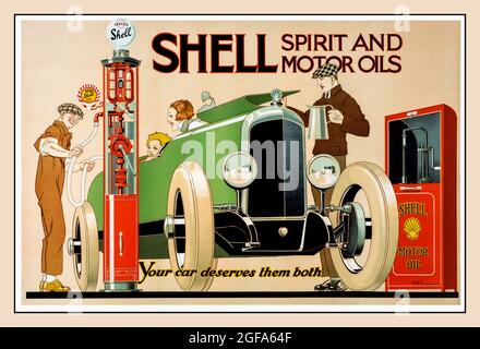 SHELL Vintage 1926 Shell Spirit and Motor Oils Poster, 'Your car redients them both' Art Deco Poster Lithograph von Rene Vincent Stockfoto