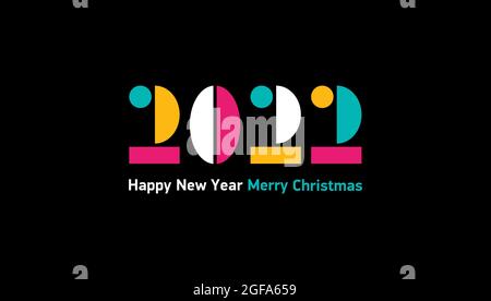 Panorama-Banner 2022 frohes neues Jahr und weihnachten auf schwarzem Hintergrund. Abstrakte Figuren im Stil des Suprematismus oder Kubismus Stock Vektor
