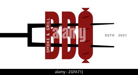BBQ-Text auf schwarzer Gabel für Grill oder Grill. Der Buchstabe Q hat die Form einer gegrillten Wurst. Logo- oder Symbolvorlage Stock Vektor