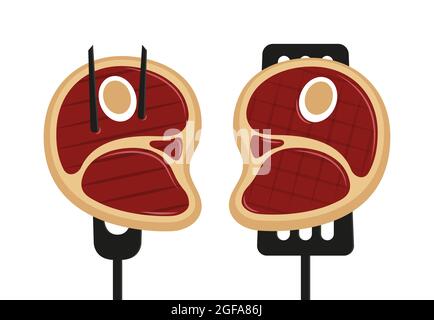 Gegrilltes Steak und Barbecue oder Grillbesteck auf einem weißen Teller. Grillgabel mit Spachtel Stock Vektor