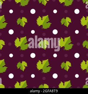 Grüne Traubenblätter und weiße Kreise auf rotem Hintergrund. Nahtloser Hintergrund. Druck für Stoff, Kleidung, Textil, Geschenkpapier Stock Vektor