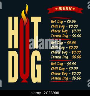 Menüvorlage für verschiedene Typen von Hot Dog. Street-Food-Konzept Stock Vektor
