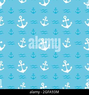 Anker und Wellen auf blauem Hintergrund. Nahtloser Hintergrund. Niedliches marine Muster für Stoff, Babykleidung, Hintergrund, Textil, Geschenkpapier Stock Vektor