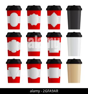 Ein Set aus Plastikbechern für Getränke, Kaffee oder Tee. Rahmen mit unterschiedlichen Beschriftungen für Logo und Text Stock Vektor