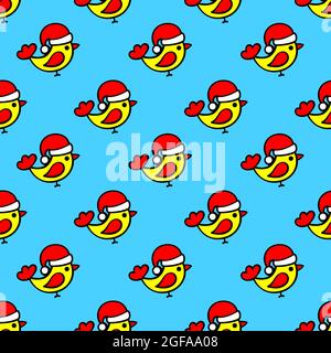 Gelbe Vögel in einem roten Hut Weihnachtsmann auf blauem Hintergrund. Druckkonzept für das neue Jahr. Nahtloses Muster für den Druck auf Textilien, Verpackungen Stock Vektor