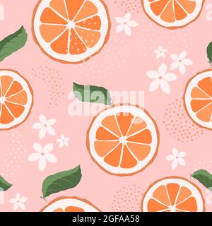 Zitrusscheiben und weiße Blüten. Blühende Orangen auf einem rosa Hintergrund Stock Vektor