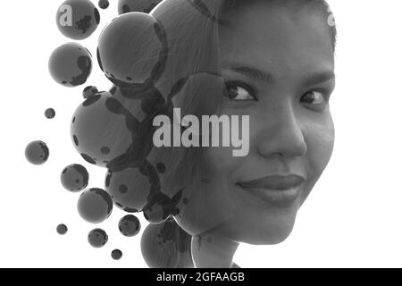 Ein Porträt einer jungen Frau kombiniert mit 3D-Grafiken Stockfoto