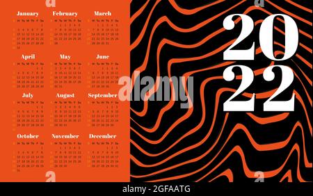 Wandkalender 2022 auf orangefarbenem Hintergrund mit schwarzen Linien. Jahr des Tigers Stock Vektor