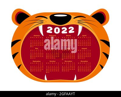 Kopf eines Zeichentrickfilm-Tigerkubs mit offenem Mund, Gähnen. Wandkalender-Konzept, Symbol des neuen Jahres 2022 Stock Vektor