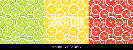 Zitrusscheiben aus Limette, Zitrone und roter Orange. Satz von nahtlosen Hintergründen für den Druck auf Textilien, Verpackung Stock Vektor