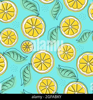 Zitronenscheiben auf blauem Hintergrund. Citrus-Design für den Druck auf Textilien, Verpackungen Stock Vektor