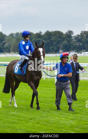 Die Mitarbeiter der Rennbahn helfen Jockey EllaMcCain und Bollin Joan beim Start der York Races, Stockfoto