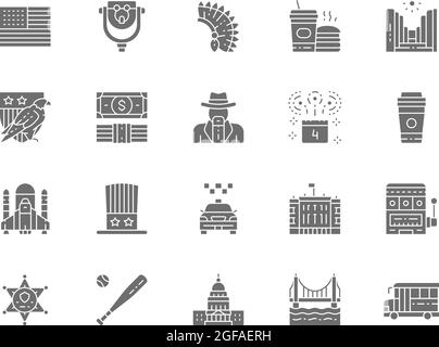 Set mit grauen Ikonen der amerikanischen Kultur. Bald Eagle, Cowboys, Schulbus, Fast Food, Sheriff Star Badge, Casino, Baseballschläger und mehr. Stock Vektor