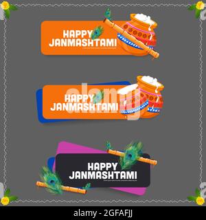 Happy Janmashtami Festival typografische Vektor-Designs mit Text, Lord Krishna, Stock Vektor