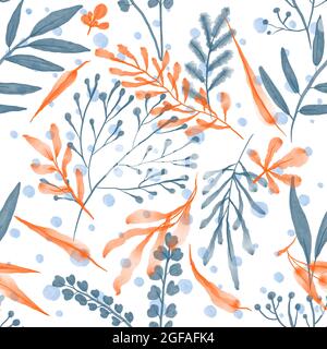 Nahtloses Herbstmuster mit handgezeichneten, Aquarellblättern und Zweigen Stockfoto