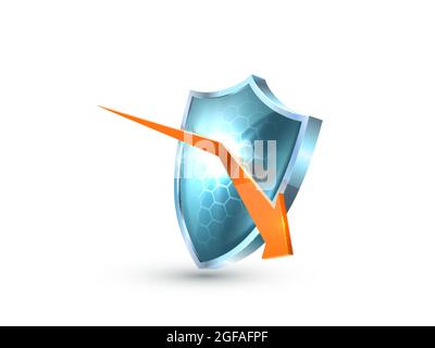 Realistisches blaues Glas-3D-Schutzschild-Symbol mit orangefarbenem Pfeil Stock Vektor