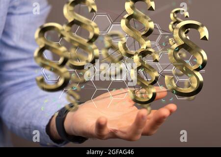 Die Hand eines Rechtsanwalts hält ein 3D-Rendering von schwebenden Rechts- und Justizabsatzsymbolen Stockfoto