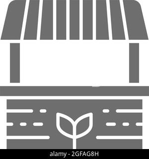 Bauernstand, Lebensmittelmarkt, gestreiftes Markise, graues Symbol. Stock Vektor